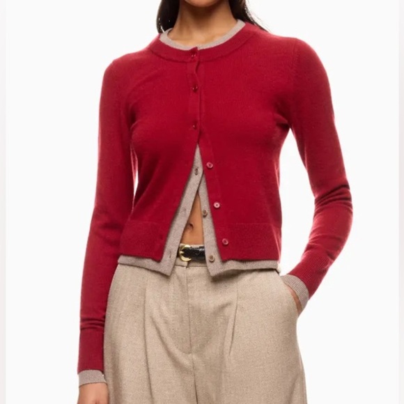 NAADAM Red and Gray Wool Blend Sweater, Red Cashmino Layered Cardigan - Picture 4 of 8